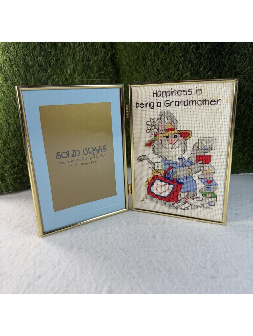 Solid Brass Double Picture Frame Janlynn Suzy's Zoo Cross Stitch grandma 5x7